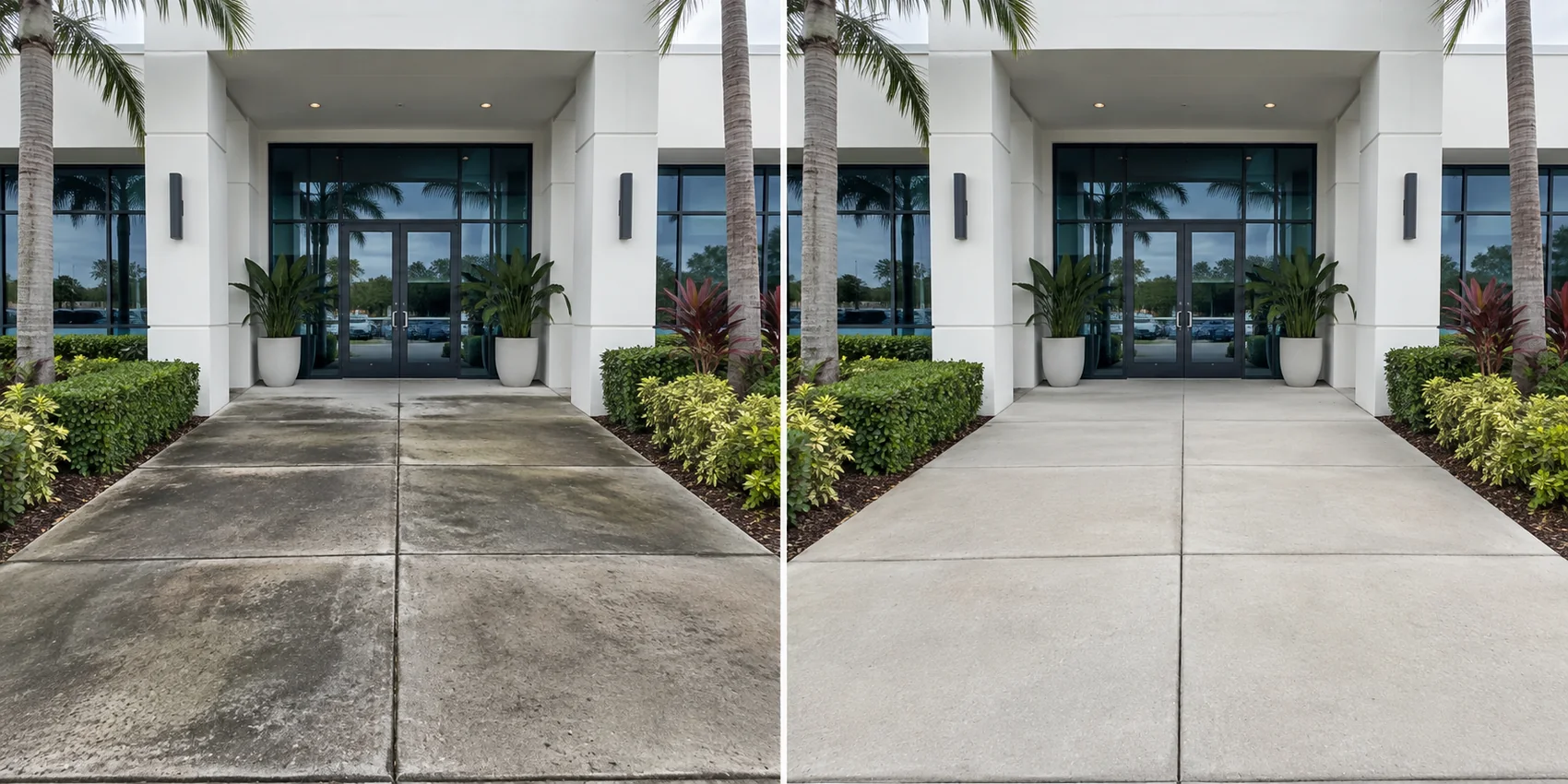 Conceptual before and after comparison of a commercial entryway pressure washing result